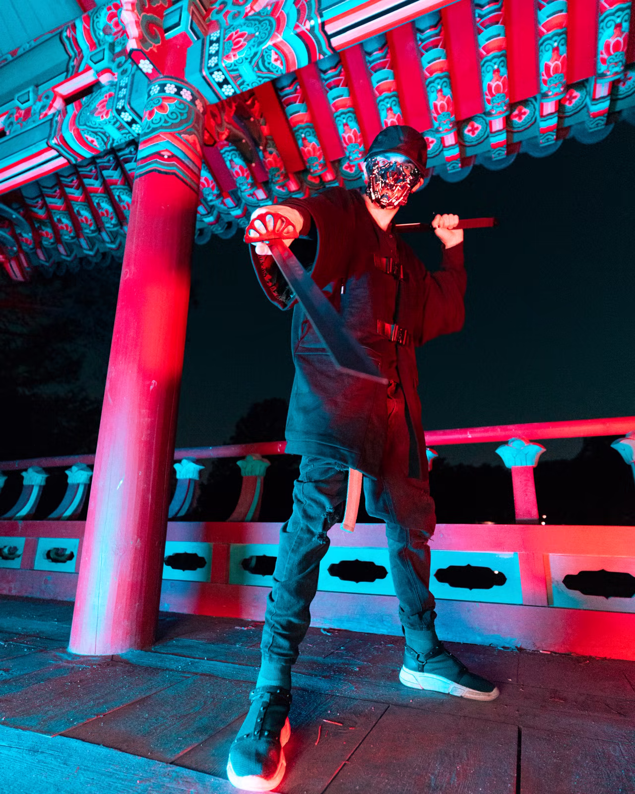 Cosplay photograph with dramatic character styling and cinematic color.